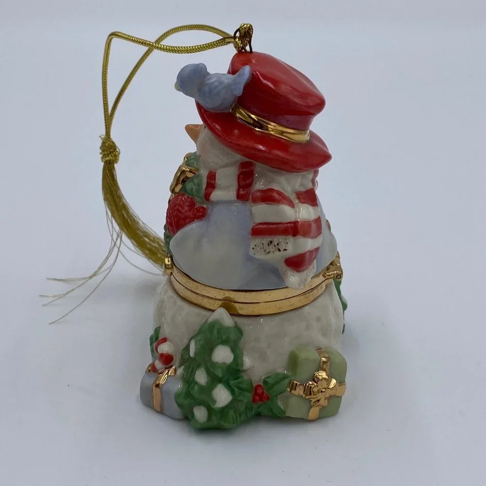Lenox Snowman Trinket Box Christmas Ornament # 6339584 Blue Bird Wreath 3.5